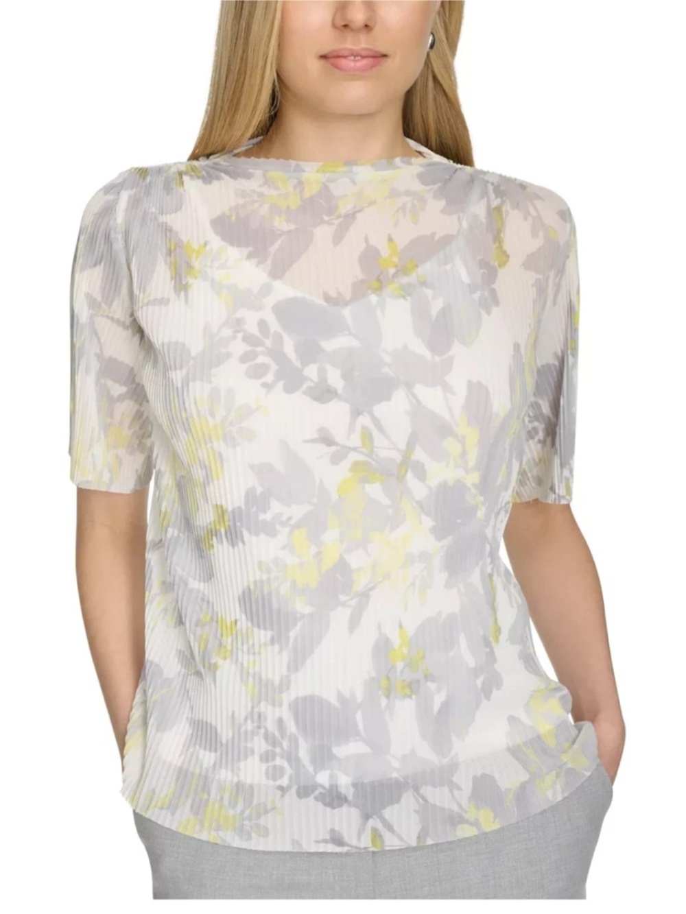 Calvin Klein Women's Short-Sleeve Printed Mesh Top S